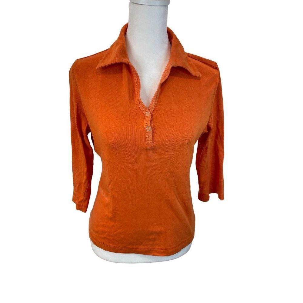 Evie Orange Collared Pullover 3/4 Sleeve Top Sz S